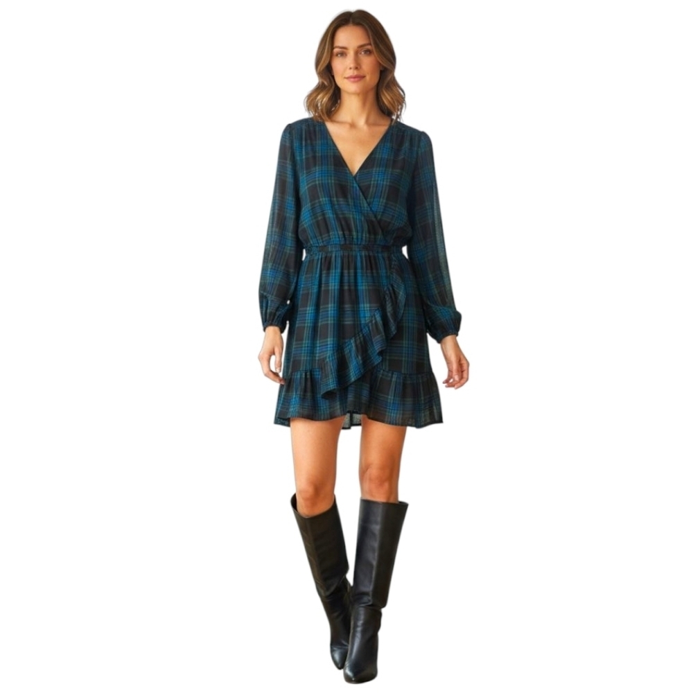 FREE ASSEMBLY XL-1X Plaid mini wrapdress black,blue,green long Sleeve Pockets